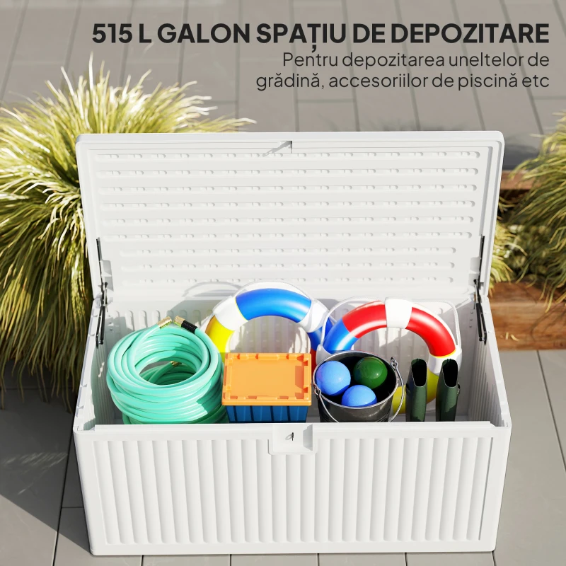 Outsunny Cufăr de Exterior de 140L Impermeabil cu Design Canelat și 2 Pistoane cu Gaz, 140x68x68 cm, Alb