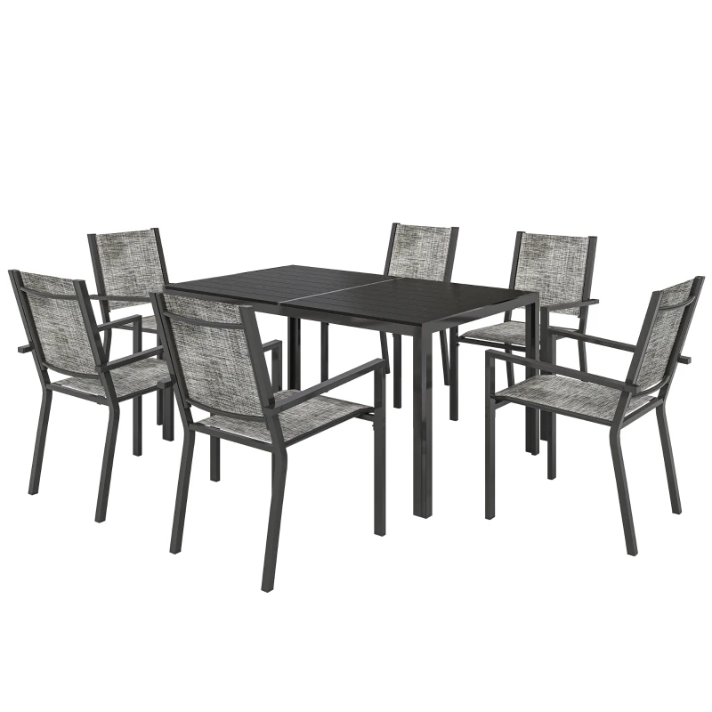 Outsunny Set Masă de Grădină cu Scaune, 7 Piese, Set de Prânz cu Masă cu Blat din Lemn Compozit cu Șipci și 6 Scaune de Exterior Stivuibile, Mobilier din Oțel cu Texteline, Gri și Negru
