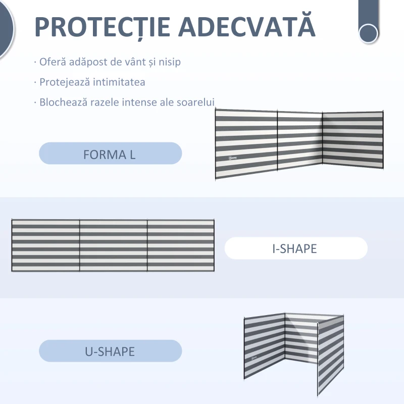 Outsunny Paravânt Pliabil de Plajă în Poliester cu Bare de Oțel, 540x150 cm, Gri