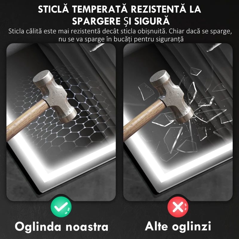 HOMCOM Oglindă Baie cu LED, Antiaburire și Boxă Bluetooth, 80x100 cm, Touch și Funcție Memorie