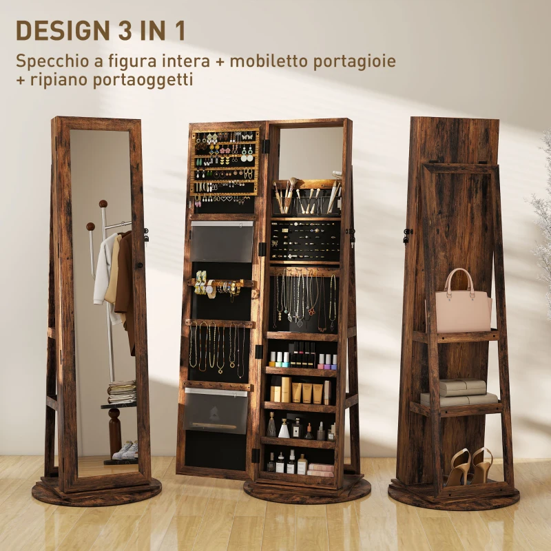 HOMCOM Specchio Portagioie da Terra Girevole a 360° con Ripiani e Chiusura a Chiave, 55x55x161 cm, Marrone Rustico