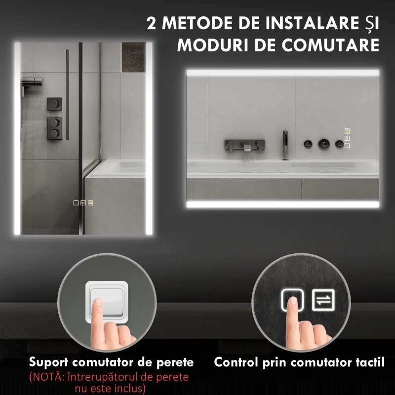 HOMCOM Oglindă de Baie cu LED 3 Culori 70x50x3 cm, Montabilă pe Perete