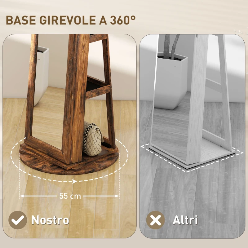 HOMCOM Specchio Portagioie da Terra Girevole a 360° con Ripiani e Chiusura a Chiave, 55x55x161 cm, Marrone Rustico