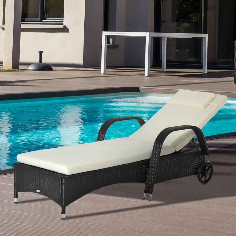 Outsunny Lettino Prendisole da Giardino con Ruote, Sedia a Sdraio per Spiaggia con Altezza Regolabile in Rattan, Nero e Crema, 200x73x103cm