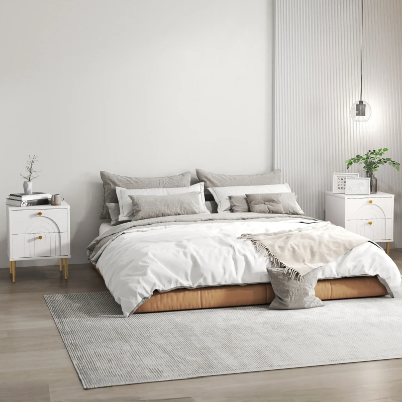 HOMCOM Pack de 2 Mesillas de Noche Dormitorio con 2 Cajones y Patas de Acero Estilo Moderno 40x35x50 cm Blanco