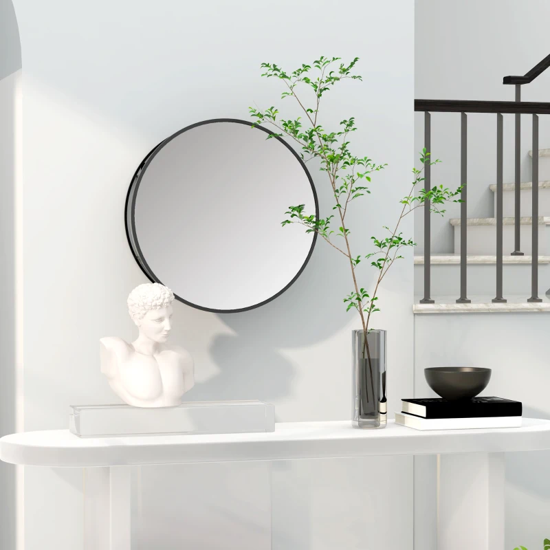 HOMCOM Miroir mural rond avec 2 étagères de rangement pour salle de bain, cadre en métal noir, diamètre de 50 cm