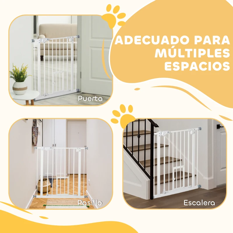 PawHut Barrera de Seguridad Extensible con Puerta Pequeño Cierre Automático y Sistema de Doble Bloqueo 74-80x76,2 cm Blanco