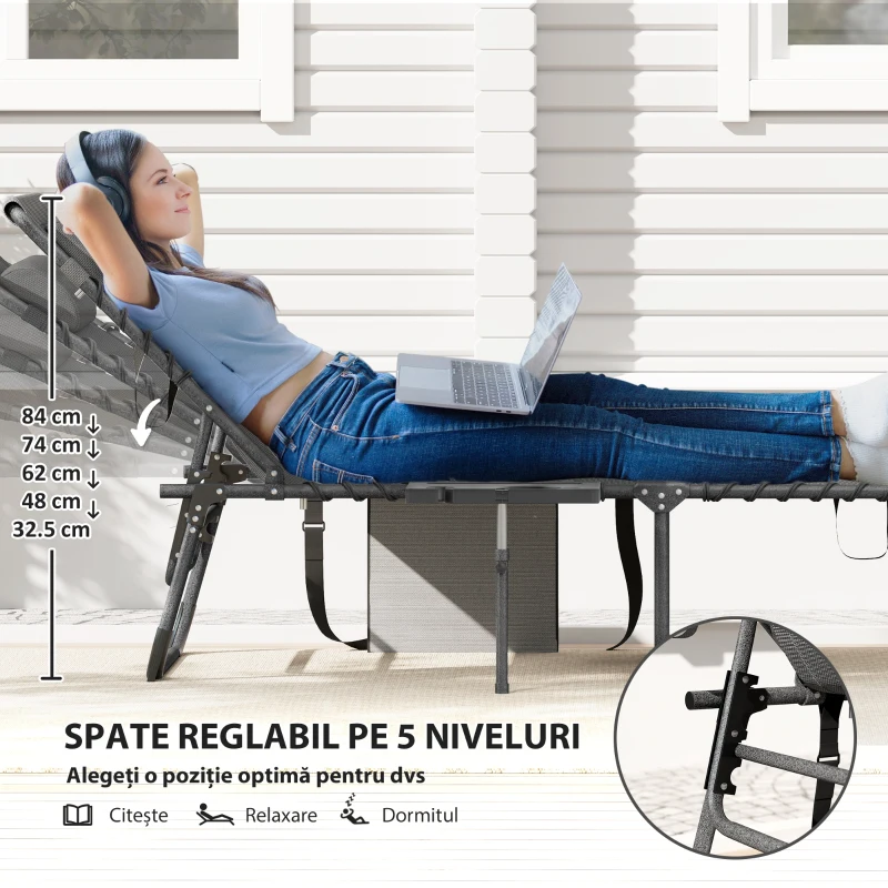 Outsunny Șezlong de Grădină Pliabil și Reglabil în 5 Poziții cu Măsuță Laterală, 60x190x31 cm, Gri