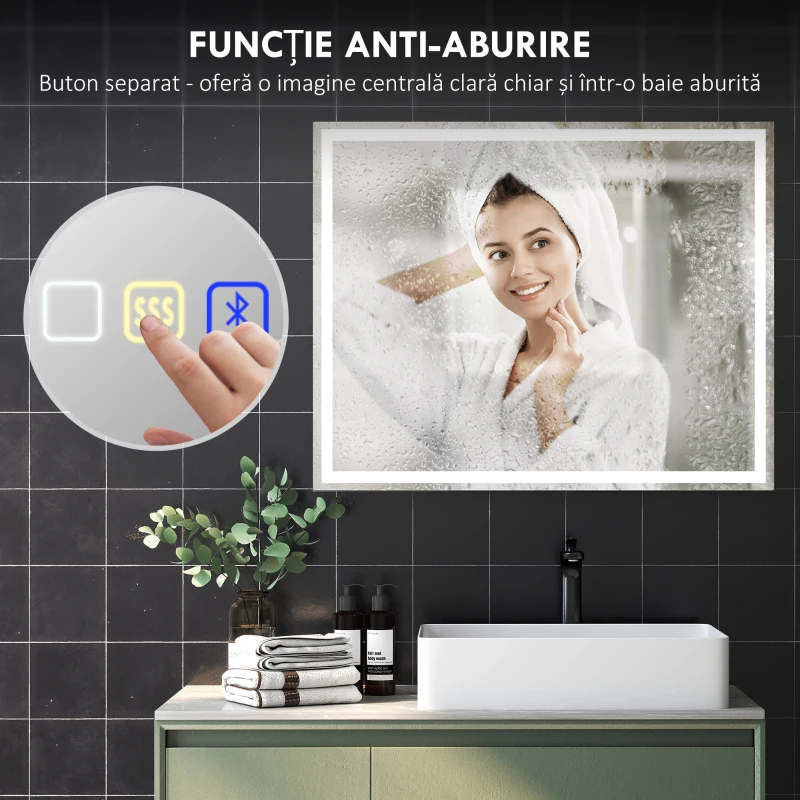 HOMCOM Oglindă Baie cu LED, Antiaburire și Boxă Bluetooth, 80x100 cm, Touch și Funcție Memorie