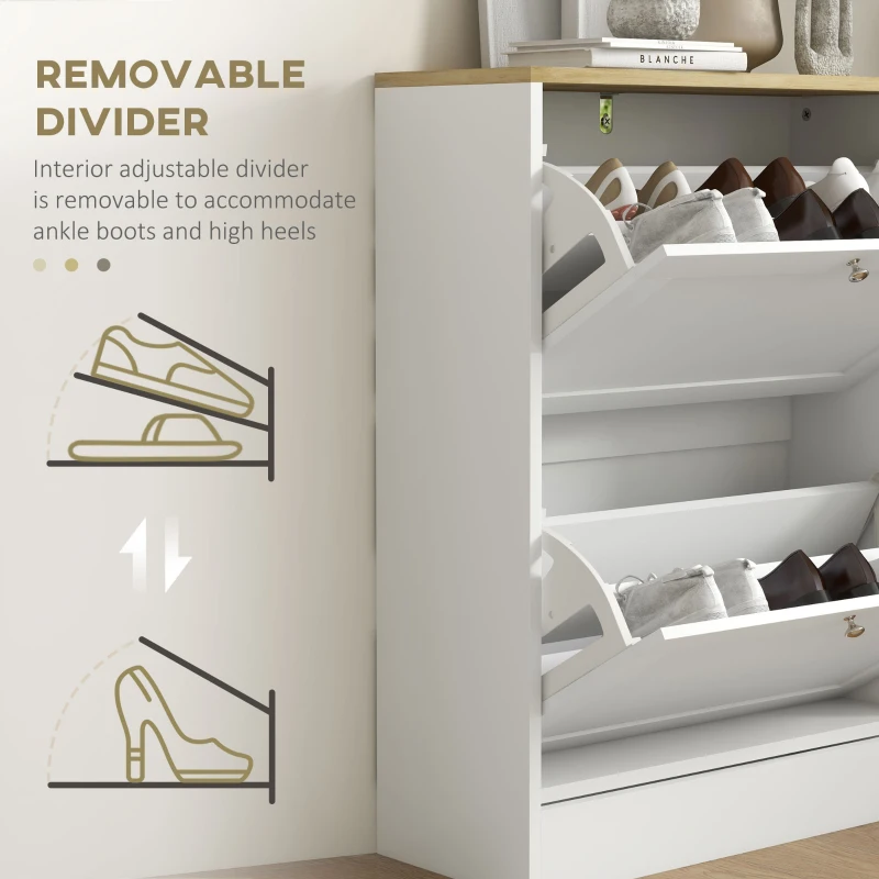 HOMCOM Narrow Shoe Cabinet with 2 Flip Drawers and Adjustable Shelves - White(m-6)