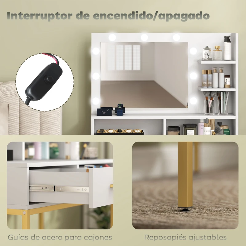 HOMCOM Tocador de Maquillaje con Luz y Taburete Mesa de Maquillaje con 2 Cajones y Estantes de Almacenamiento Blanco