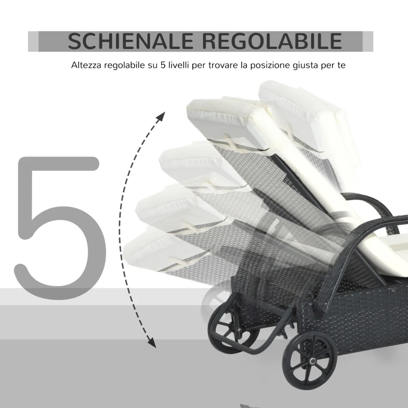 Outsunny Lettino Prendisole da Giardino con Ruote, Sedia a Sdraio per Spiaggia con Altezza Regolabile in Rattan, Nero e Crema, 200x73x103cm