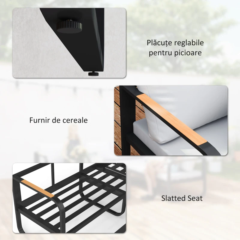 Outsunny Set Mobilier de Grădină cu Canapea cu 3 Locuri, Canapea cu 2 Locuri și Măsuță de Cafea, 180x60x64 cm, Gri