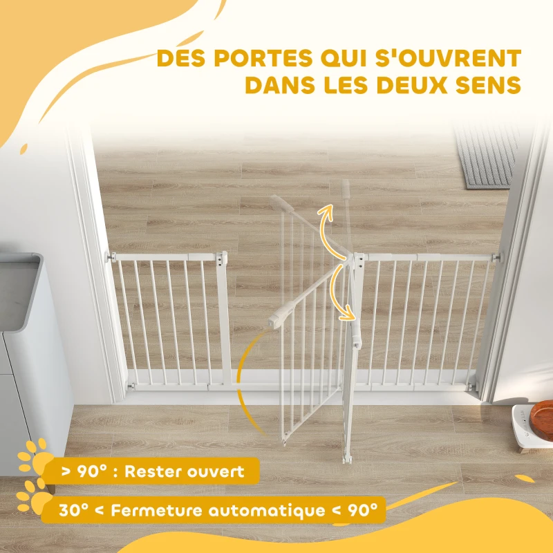 PawHut Barrière de sécurité animaux porte fermeture automatique système de double verrouillage sans perçage 3 extensions blanc(m-5)