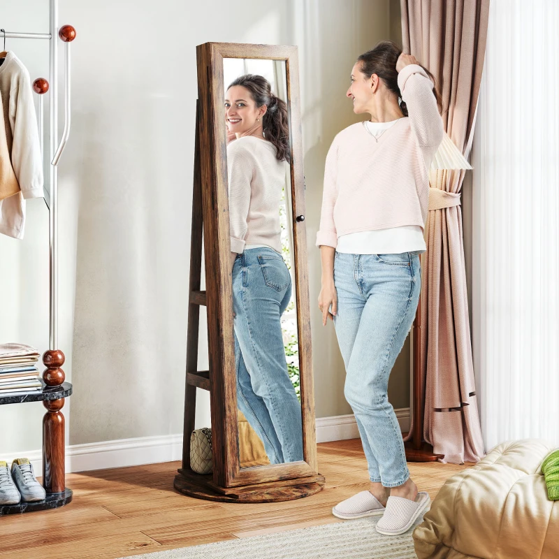 HOMCOM Specchio Portagioie da Terra Girevole a 360° con Ripiani e Chiusura a Chiave, 55x55x161 cm, Marrone Rustico