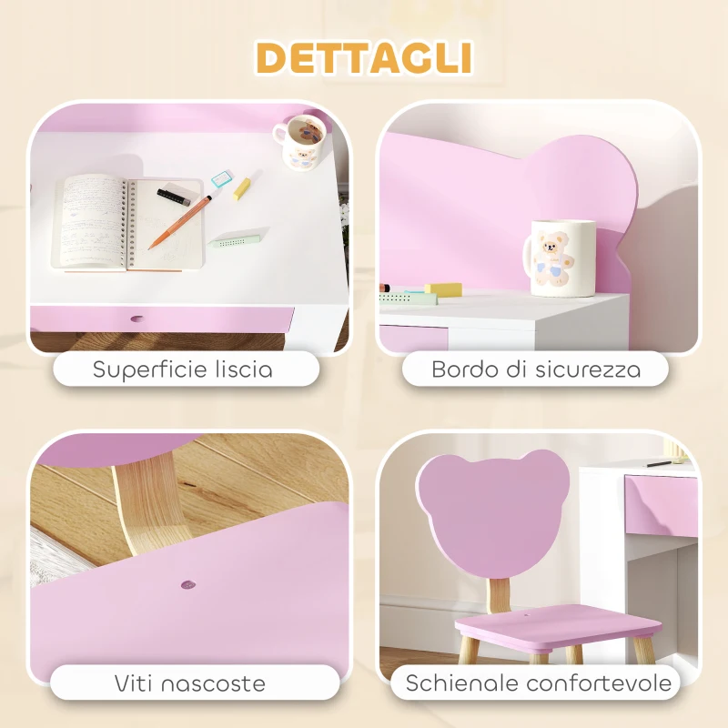 AIYAPLAY Set Scrivania per Bambini con Cassetto e Sedia con Schienale a Orsetto, Età 3-8 Anni, Rosa
