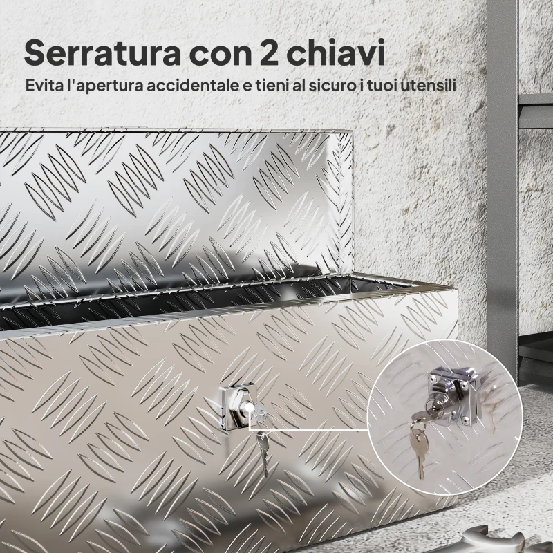 HOMCOM Cassetta Portautensili da 2 kg con Chiusura a Chiave, in Lamiera di Alluminio, 50x15.5x20.5 cm, Argento