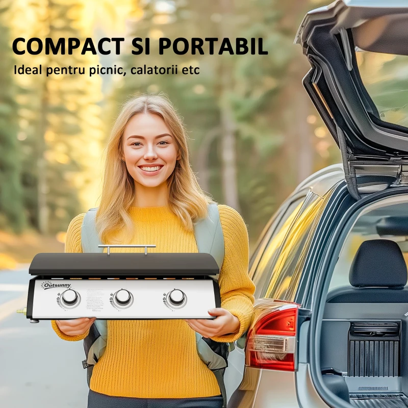 Outsunny Grătar pe Gaz din Oțel cu 3 Arzătoare, Regulator, Furtun și Capac, 63x47x25 cm, Negru