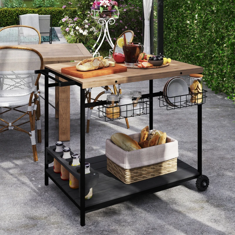 Outsunny Desserte de jardin chariot pour plancha barbecue en bois et métal avec poignée 2 plateaux 2 paniers et porte-bouteilles
