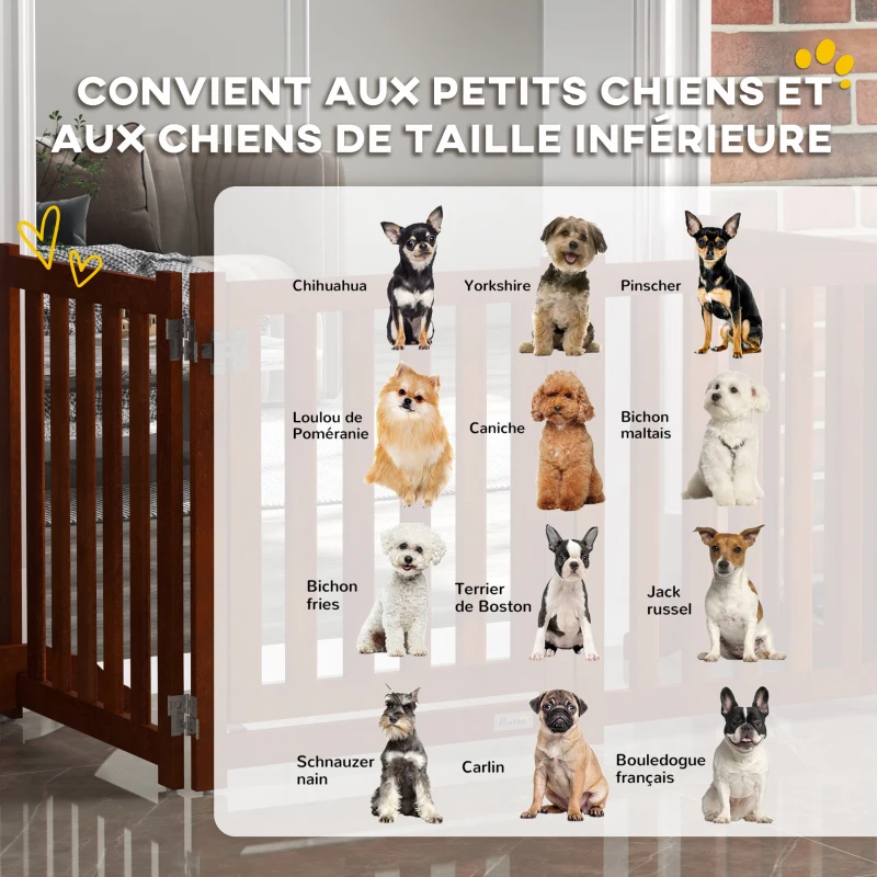 PawHut Barrière de sécurité chien pliable double face en bois, 4 panneaux avec porte, pieds de support, 205 x 60 cm, marron