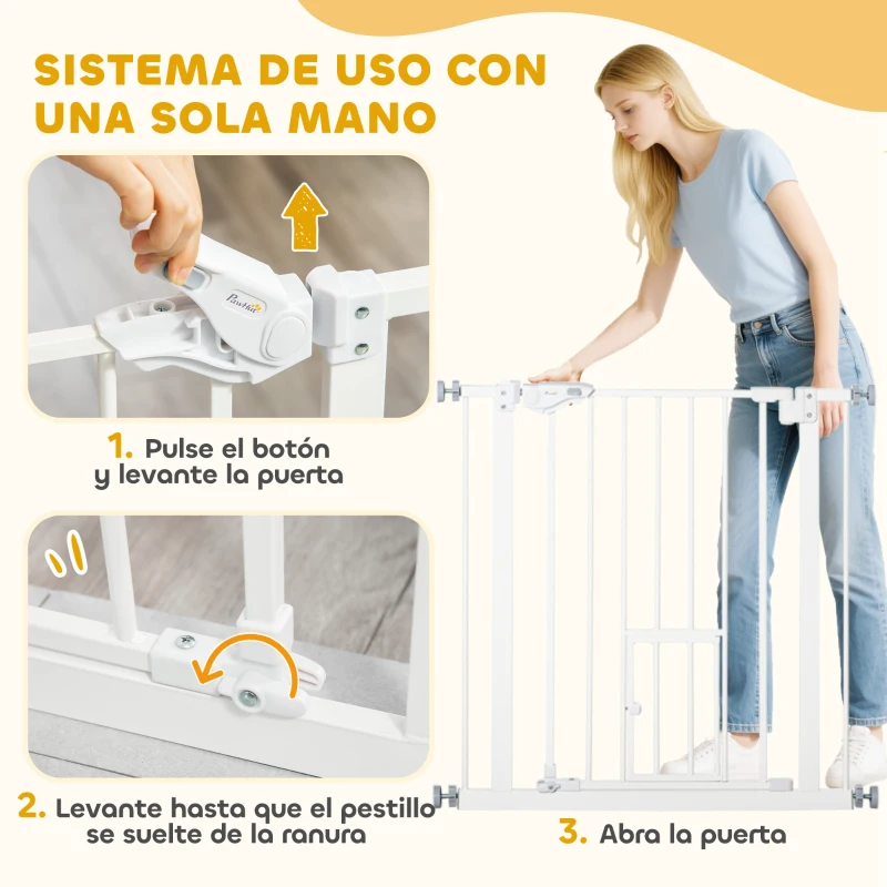 PawHut Barrera de Seguridad Extensible con Puerta Pequeño Cierre Automático y Sistema de Doble Bloqueo 74-80x76,2 cm Blanco
