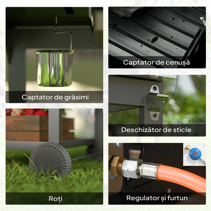 Outsunny Grătar cu Cărbune și Gaz cu 3 Arzătoare și Capac cu Termometru, Negru