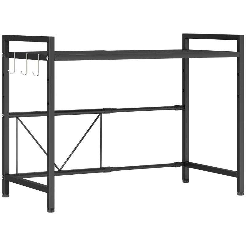 HOMCOM Suport extensibil pentru cuptor cu microunde pe 2 niveluri cu 3 cârlige, din metal, negru