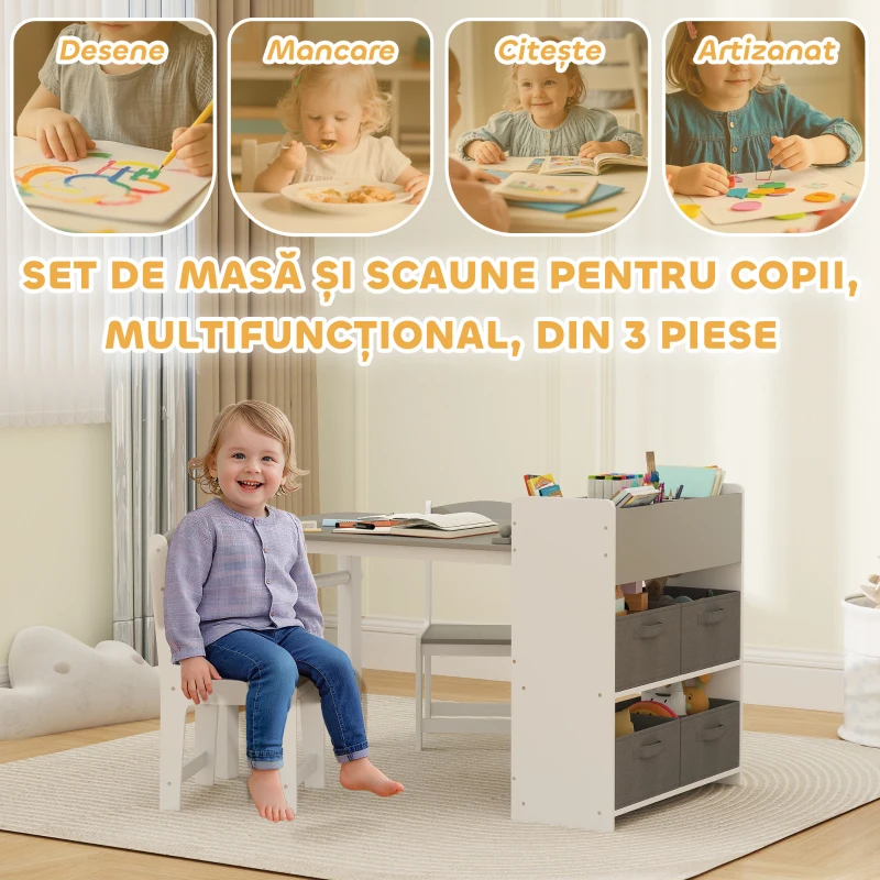 AIYAPLAY Mobilier pentru Copii 3-8 Ani cu 2 Scaune și Masă Gri și Alb