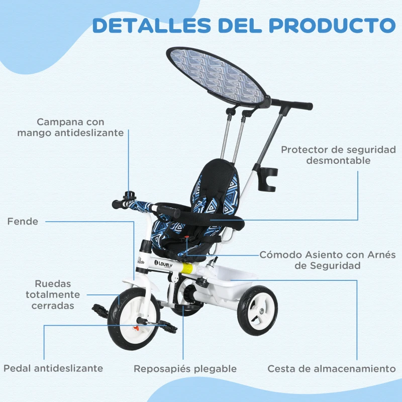 HOMCOM Triciclo para Bebés de +12 Meses con Toldo Plegable Mango de Empuje Telescópico Desmontable y Portabotellas Azul Blanco