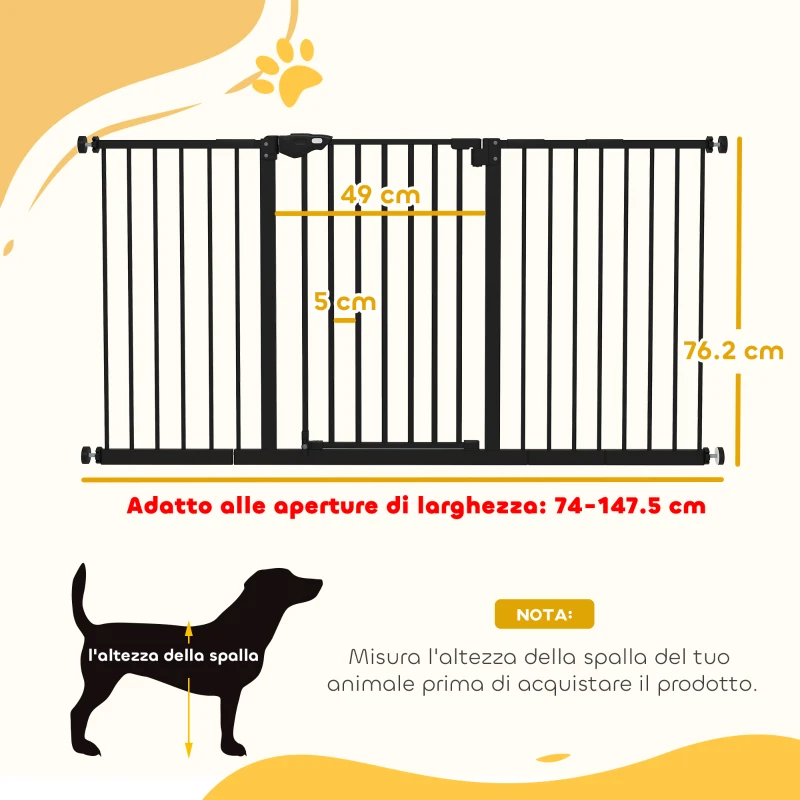 PawHut Cancellino per Cani a 3 Estensioni con Larghezza Regolabile fino a 147.5 cm e Chiusura Automatica, Nero
