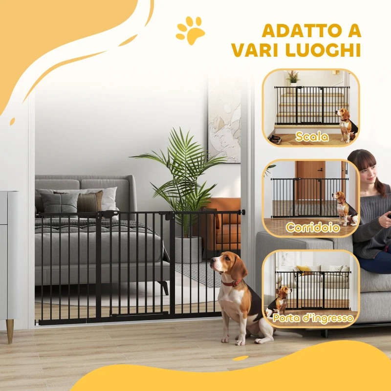 PawHut Cancellino per Cani a 3 Estensioni con Larghezza Regolabile fino a 147.5 cm e Chiusura Automatica, Nero