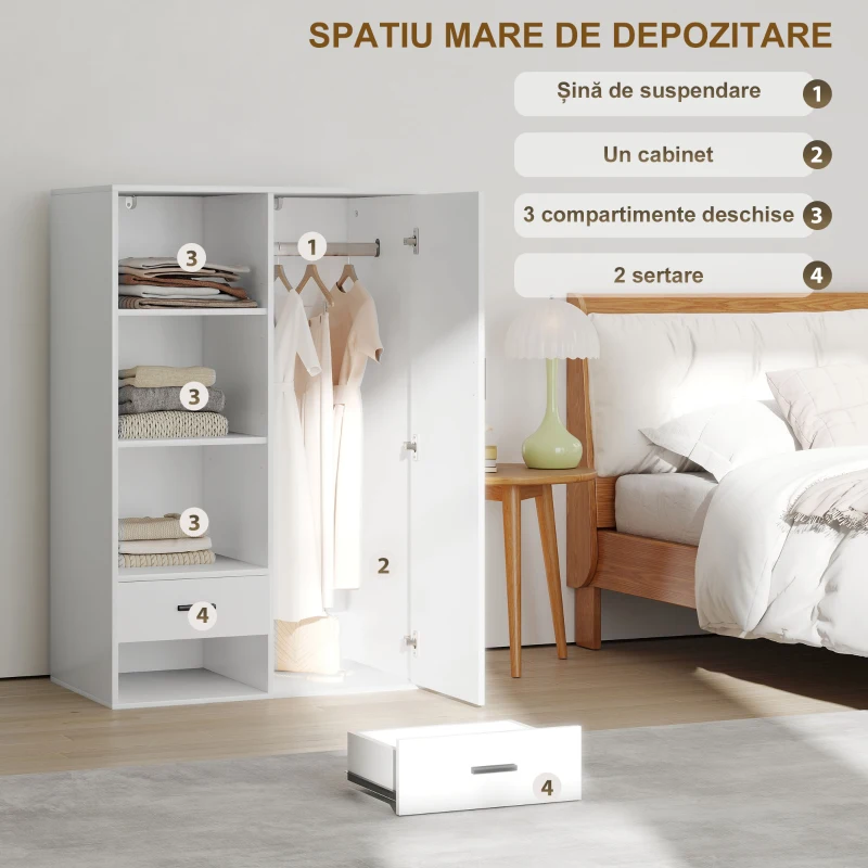 HOMCOM Dulap Modern cu 2 Sertare, Rafturi Deschise și Suport pentru Haine Alb