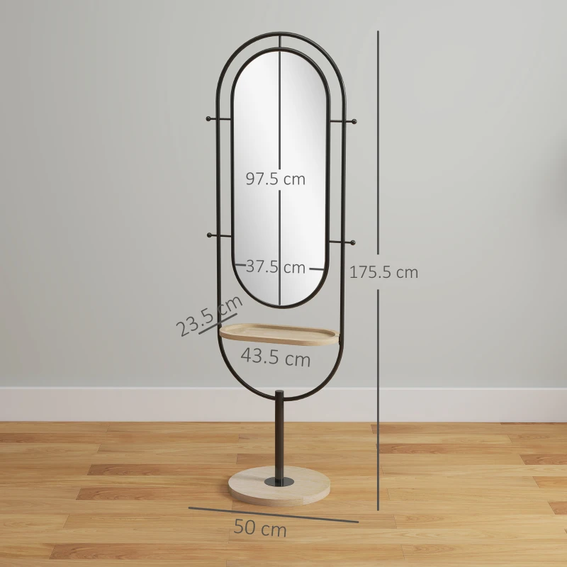 HOMCOM Oval Full Length Mirror with Wooden Tray and 4 Hooks - Black