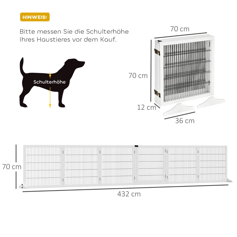 PawHut Absperrgitter für Hunde, klappbar, 432 x 36 x 70 cm, Kiefernholz, Weiß(m-3)