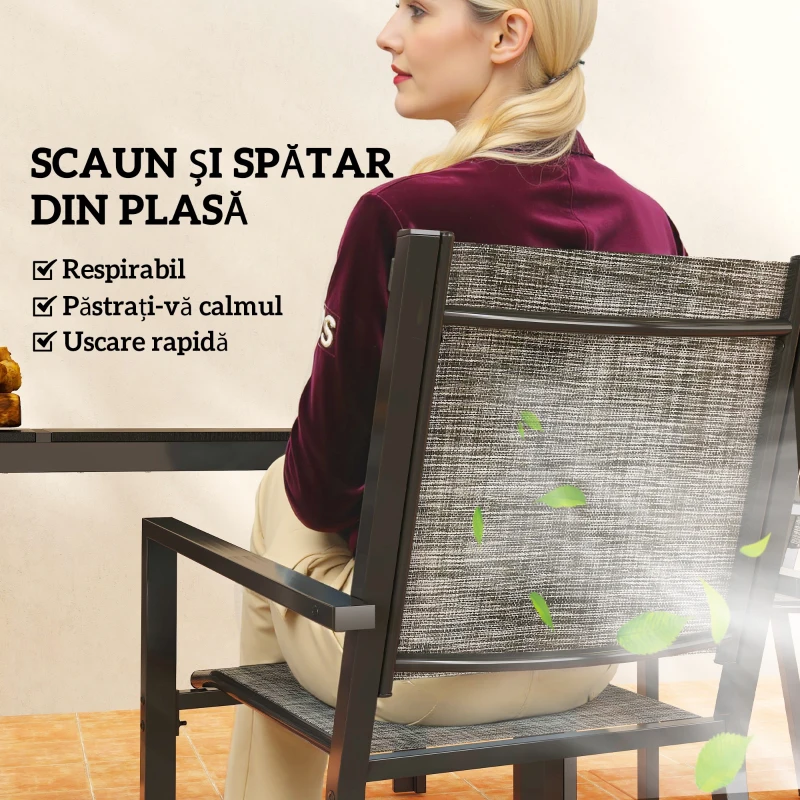 Outsunny Set Masă de Grădină cu Scaune, 7 Piese, Set de Prânz cu Masă cu Blat din Lemn Compozit cu Șipci și 6 Scaune de Exterior Stivuibile, Mobilier din Oțel cu Texteline, Gri și Negru
