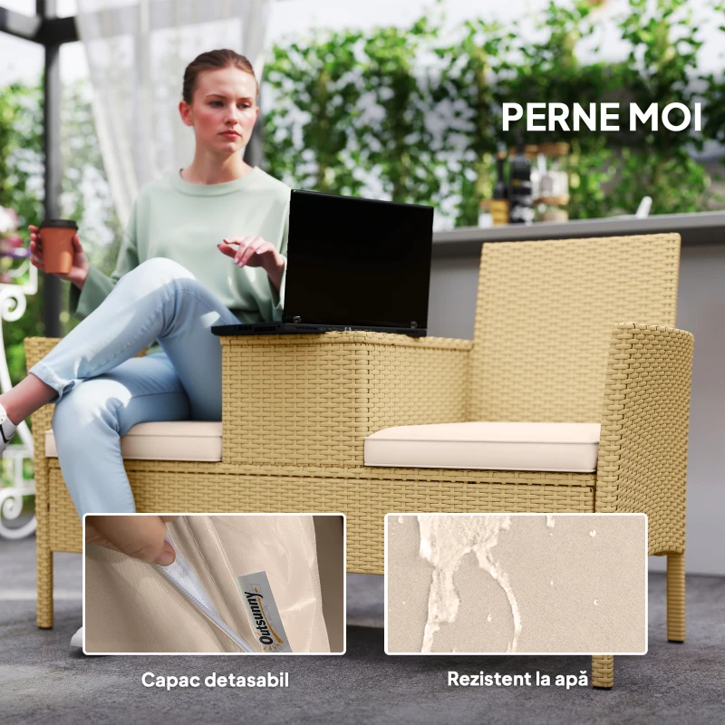 Outsunny Bancă de Exterior cu Măsuță Rabatabilă și Spațiu Depozitare Crem și Kaki