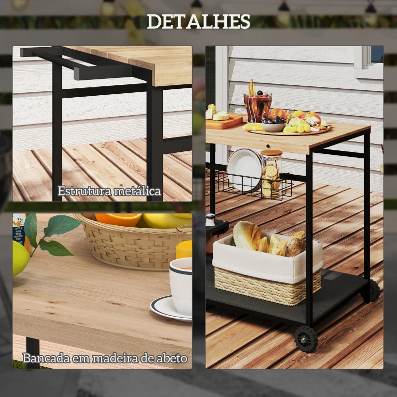 Outsunny Carrinho Auxiliar com Rodas de Madeira com 2 Prateleiras 2 Cestas Metálicas e Suportes para Garrafas  97,5x65x81 cm Madeira e Preto