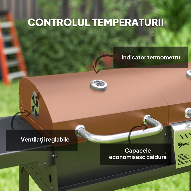 Outsunny Grătar cu Cărbune și Gaz cu 3 Arzătoare și Capac cu Termometru, Negru