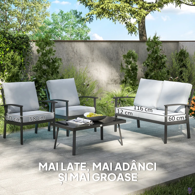 Outsunny Set de Mobilier de Gradina din 4 Piese cu Canapea, 2 Fotolii si Masa de Cafea, 127x74x80 cm, Gri Carbune