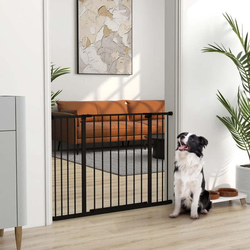 PawHut Poartă pentru Câine Extensibilă cu Deschidere Amplă, Poartă de Siguranță din Oțel și Plastic, 76-107x76 cm, Negru