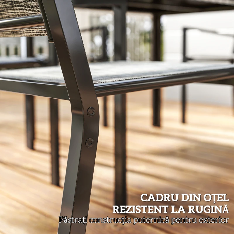 Outsunny Set Masă de Grădină cu Scaune, 7 Piese, Set de Prânz cu Masă cu Blat din Lemn Compozit cu Șipci și 6 Scaune de Exterior Stivuibile, Mobilier din Oțel cu Texteline, Gri și Negru