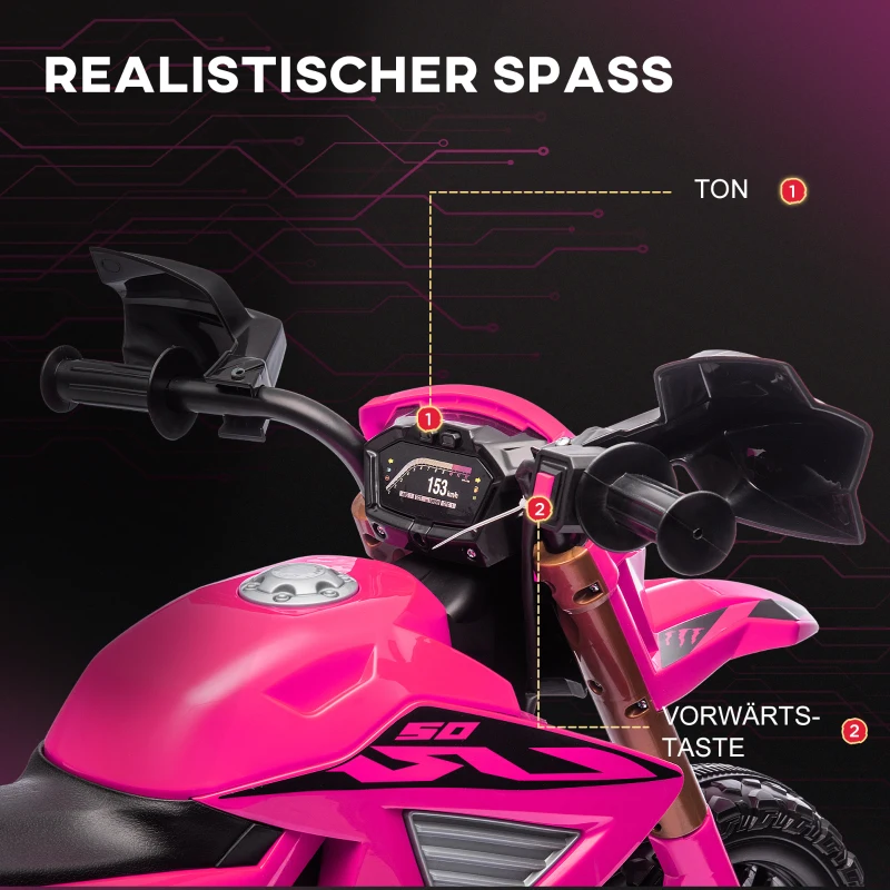 AIYAPLAY Elektro-Motorrad für Kinder, 12V Kindermotorrad mit Stützrädern, Kinderfahrzeug mit Hupe und Startgeräusch, 3 km/h, Rosa(m-6)