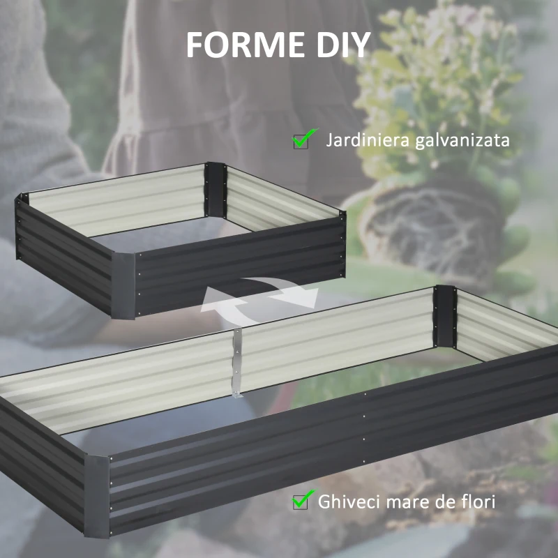 Outsunny Pat de grădină înălțat din metal pentru exterior, ideal pentru flori și legume, 241x90,5x30 cm, gri