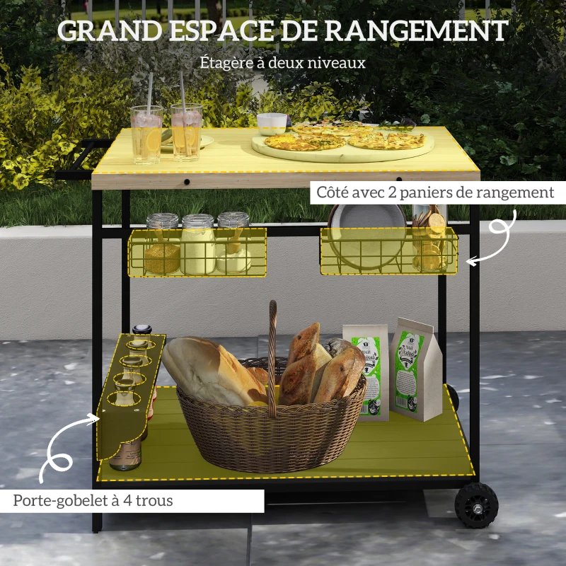 Outsunny Desserte de jardin chariot pour plancha barbecue en bois et métal avec poignée 2 plateaux 2 paniers et porte-bouteilles