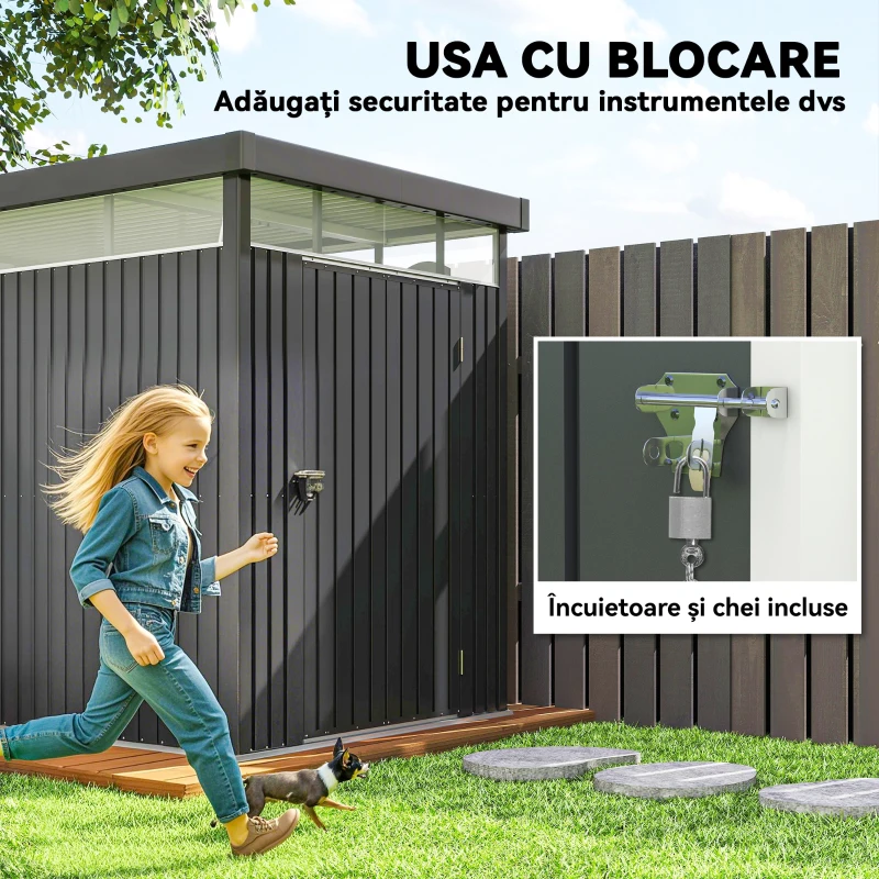 Outsunny Magazie de Grădină cu Luminator Superior din Acril și Orificii de Drenaj, 162x259x201 cm, Gri Închis(m-7)