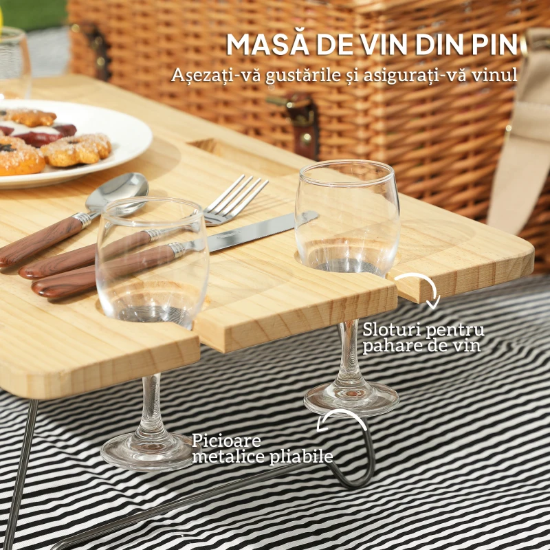 Outsunny Coș de Picnic pentru 4 Persoane cu Măsuță din Răchită Maro Deschis