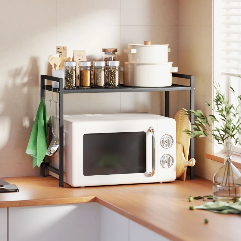 HOMCOM Suport extensibil pentru cuptor cu microunde pe 2 niveluri cu 3 cârlige, din metal, negru