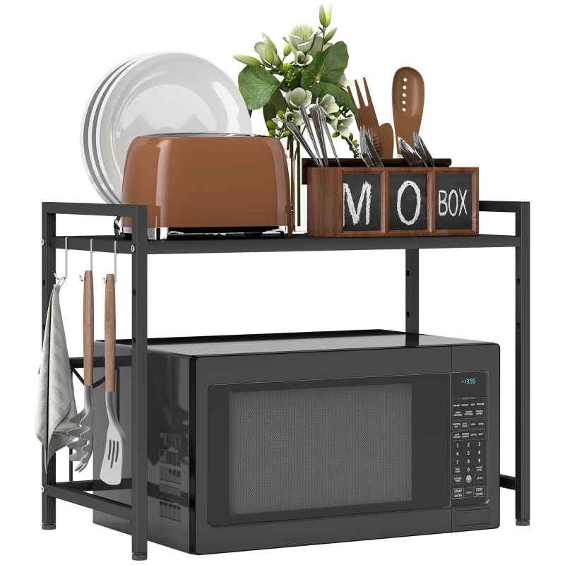 HOMCOM Suport extensibil pentru cuptor cu microunde pe 2 niveluri cu 3 cârlige, din metal, negru