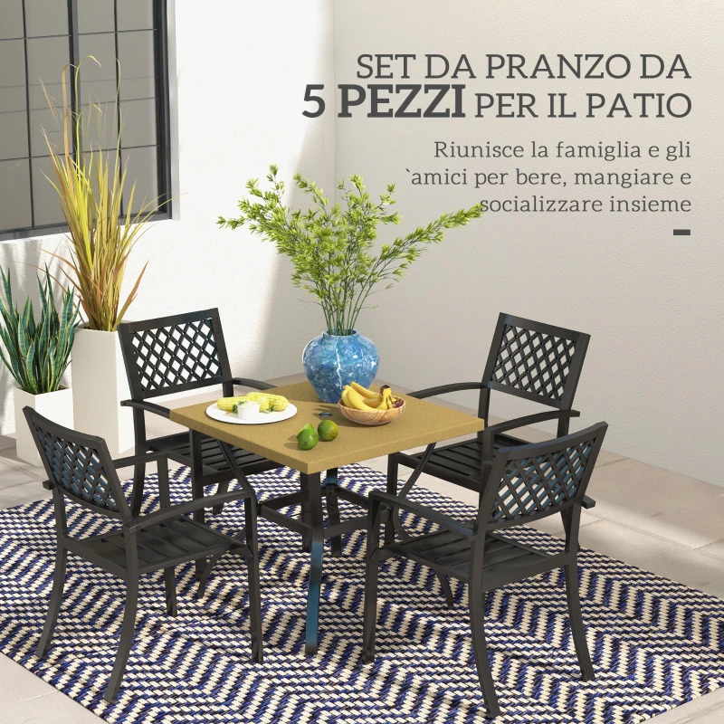 Outsunny Set Tavolo e 4 Sedie da Giardino, Piano Effetto Marmo e Sedie Impilabili con Braccioli, Marrone