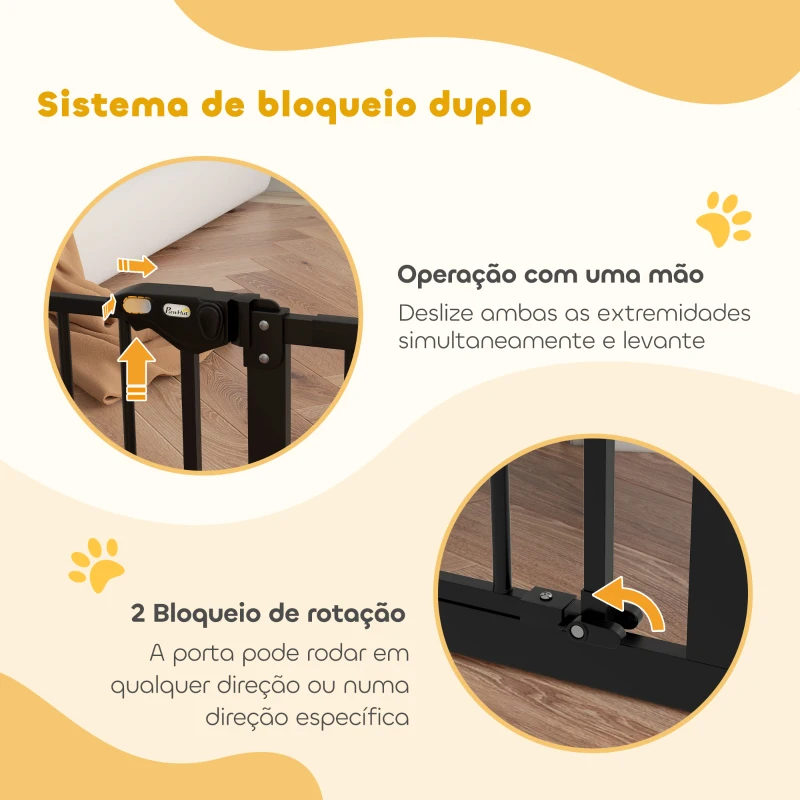 PawHut Barreira de Segurança Extensível para Portas e Escadas com Fechamento Automático e Sistema de Duplo Bloqueio 74-147,5x76,2 cm Preto